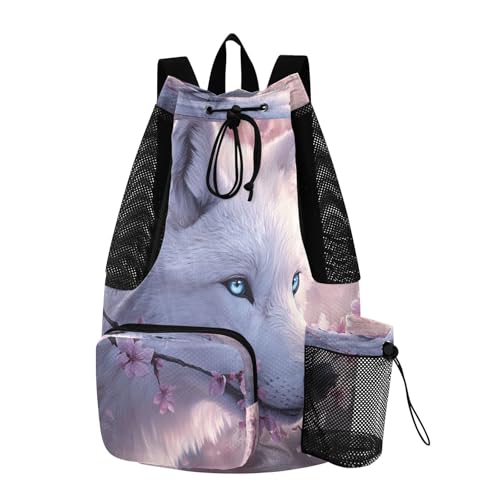 Mesh Gym Swimming Bags for Men & Women, Wolf Tree Flower Cherry Blossoms Large Drawstring Backpack with Dry-Wet Pocket, Lightweight Gym Bag for Sports, Travel, Beach, Workout Gear