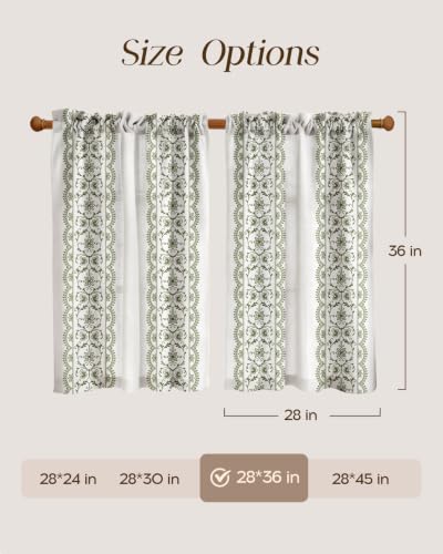 Image of Miss Adola Boho Kitchen Curtains - 36 Inch Length Linen Blend Green Floral Cafe Curtains Farmhouse Tier Curtain Short Drapes Rod Pocket for Bathroom Living Room Windows Light Filtering, 2 Panels