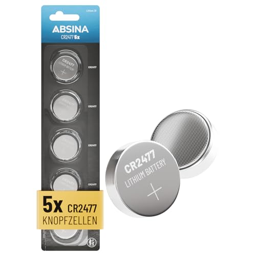 ABSINA 5er Pack CR2477 3V Lithium Knopfzelle - CR 2477 Lithium Knopfzelle 3 Volt auslaufsicher & Lange Haltbarkeit - CR 2477 Batterien
