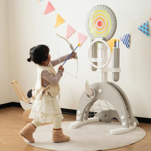 Harper & Bright Designs 子供 遊具 自宅 多機能 6in1 アーチェリーターゲット 弓矢 ダーツ サッカー ゴルフ 輪投げ バスケットボールゴール 室内遊具 子ども用スポーツおもちゃ 多機能スポーツ玩具 ミニサッカー 高さ8段階調節