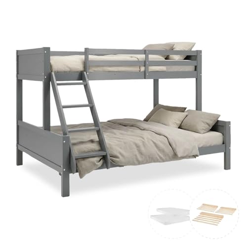 Homestyle4u Kinderbett Etagenbett 90x200 und 140x200 mit 2 Matratzen Hochbett Grau Holz Doppelstockbett | Artikel 2725