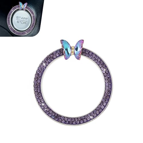 Zikefest Bling Car Engine Start Stop Decoration Ring, Crystal Rhinestone Butterfly Ring for Car Button Ring, Car Interior Accessories for Women, Push to Start Button Cover Decoration(Purple)