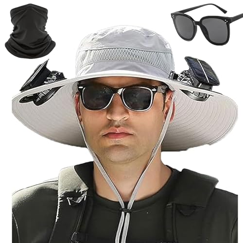 NENYLEI Outdoor Wide Brim Sun Hat with Solar Fan Fishing Hat with Solar Powered Fan -Solar & USB Charging (Fan*2, G)