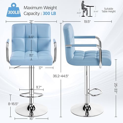 Image of Yaheetech Bar Stools Set of 2, Swivel with Backs, Adjustable Height, Blue