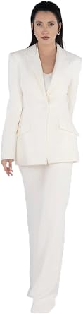 PEARL Beyaz Krep Blazer Ceket Pantolon Tak m  k Ofis & Davet | Alt  st Tak m Ceket Pantolon -KIRIK BEYAZ 44
