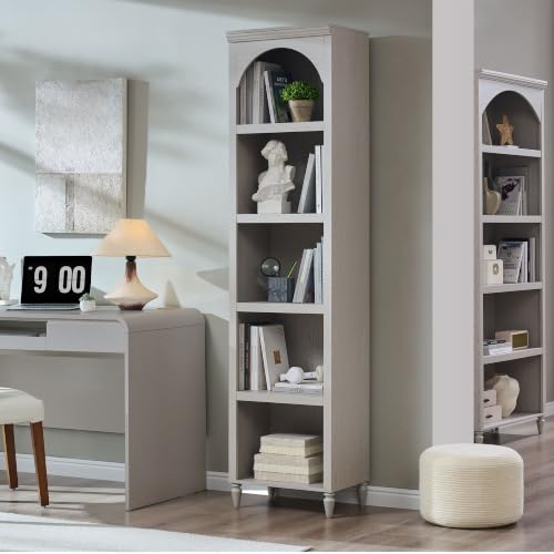 IFGET 76" Tall Arched Bookcase, Farmhouse Narrow Arch Bookshelf, Light Grey | 5 Tiers Bookcases w/Adjustable Shelves, Modern Wooden Book Shelf w/Storage and Open Display Shelves for Living Room, Office