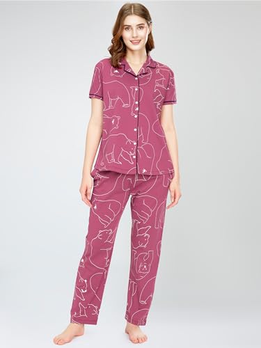 Image of ZEYO Night Suit for Women's Polar Bear Printed Cotton Night Dress of Shirt and Pajama Set 5756