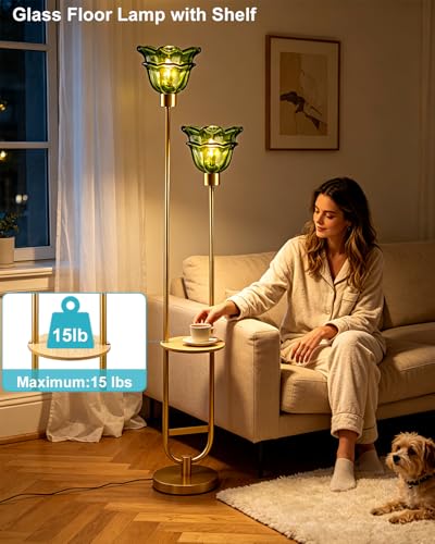 Image of Glass Floor Lamp with Shelf 2-Lights Gold Floor Lamp with Green Glass Shade, Mid Century Modern Standing Tall Lamps with Foot Switch for Living Room Bedroom Home Decor (Bulbs Included)