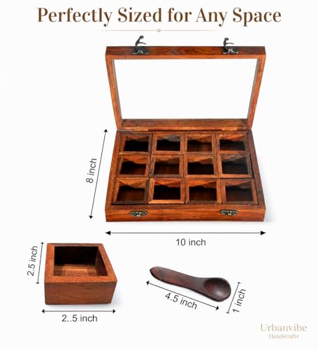 Image of Wooden Spice Box with 12 Removable Compartments|Handmade Masala Dabba for Kitchen Storage | Premium Wooden Spice Organizer with Transparent Glass Lid | Multipurpose Storage Box