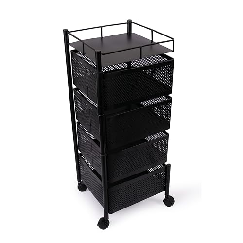 Image of KITCHIVO Kitchen Storage Rack | Revolving Vegetable Rack | Square Multipurpose Storage Trolley with Wheels | Metal Fruit Rack (Black, 4 Layer)