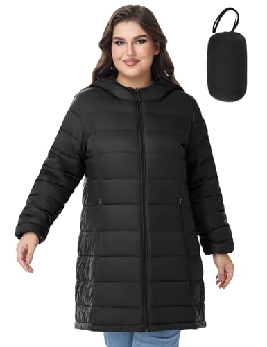WINDMILL Women's Plus Size Packable Puffer Jacket, Hooded Lightweight Puffy Jacket (1X-6X)
