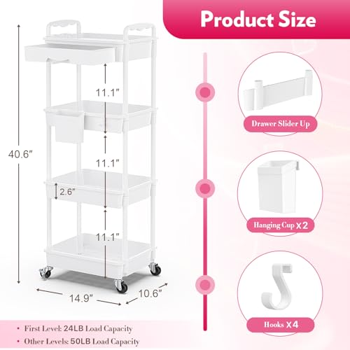 Image of SUNALLY Makeup Cart Organizer with Drawer,4 Tier Rolling Makeup Cart, White