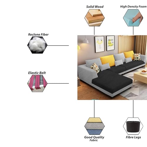Image of Galib LHS 6 Seater L Shape Sofa Set for Living Room (Black Grey Fabric) Premium Fabric Sofa