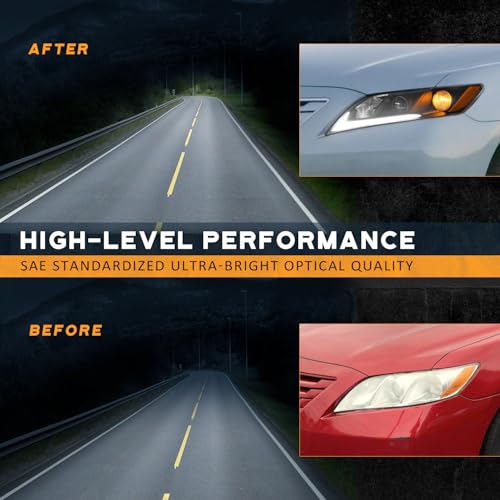 Image of WEELMOTO DRL Headlights Compatible with 2007-2009 Toyota Camry US Version | 2007 2008 2009 Toyota Camry (Exclude Hybird), Black Housing LED Bar (White) Amber Reflector, Left+Right Side, Plug-and-Play