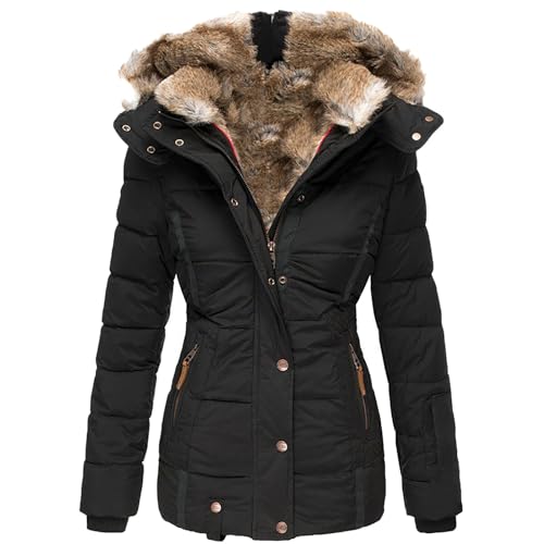 Dixacyer Damen Kapuzen Warm Wintermantel Plüsch Gefüttert Verdicken Puffer Jacken mit Fellkapuze, Schwarz , 36