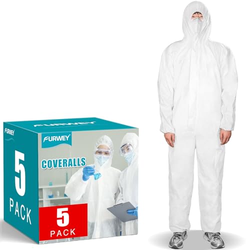 FURWEY Hazmat Suits 5 Pack Disposable Protective Coveralls, Heavy Duty Full Body Painters Suit for...