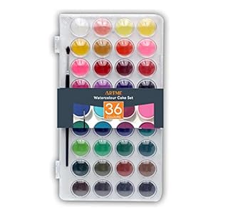 Artme Watercolour Paint Cakes 36 Assorted Vibrant Colours with an Artist Brush - Artist Palettes kit box Create Hues, High Tinting Strength, Intense Pigmentation