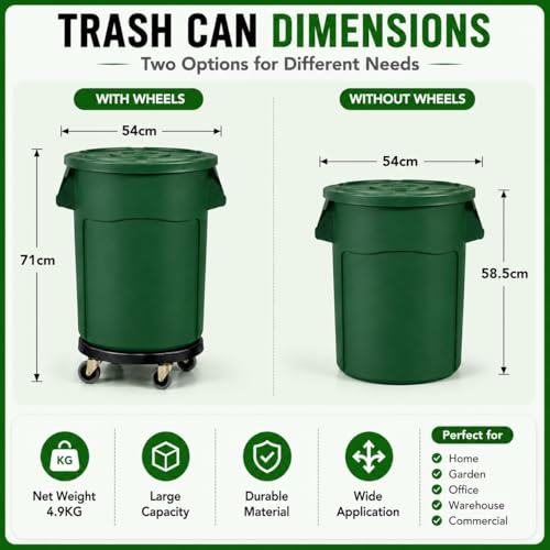 Image of 20 Gallon Outdoor Trash Can with Lid and Wheels, 1 Pack-Green | Garbage Can with 4 Wheels, Rolling Trash Can for Garage / Backyard / Kitchen / Patio / Office / Cafe / Warehouse