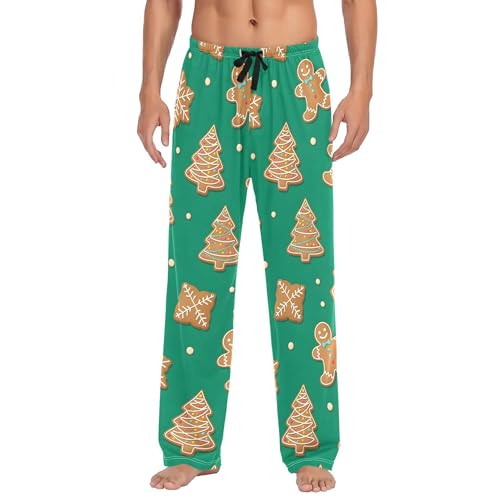 Men's Pajama Bottom Christmas Gingerbread Cookies Pattern Cotton Pajama Pants Drawstring Sleepwear Long Pants Pockets
