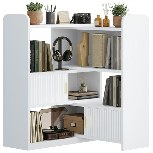 DurayLoly Expandable Bookshelf, 4 Tier White Bookcase with 2 Enclosed Storage Cabinet, Wooden Corner Bookshelf for Small Space, Bedroom, Living Room, Home Office
