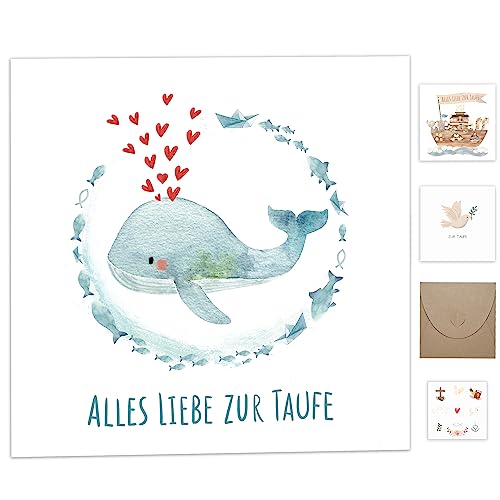 Taufgeschenke für Jungen Mädchen Patenkind,Karte Taufe mit Umschlag aus Kraftpapier,Hochwertig Taufkarten mit Taufe Sticker Deko,Glückwunschkarten zur Taufe Geschenk Taufe Klappkarte mit Wal tanzende
