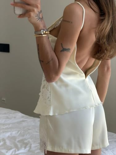 Image of Women Lace Trim Coquette Shorts Set Silk Satin 2Pcs Pajama Set Sleepwear