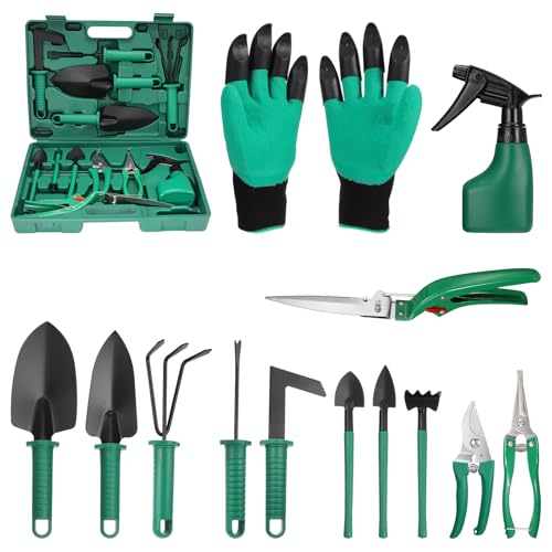 Coolty Gartenwerkzeug, 13-Teiliges Gartengeräte Set mit Aufbewahrungsbox, Garden Tools für Gartenliebhaber (Grün)