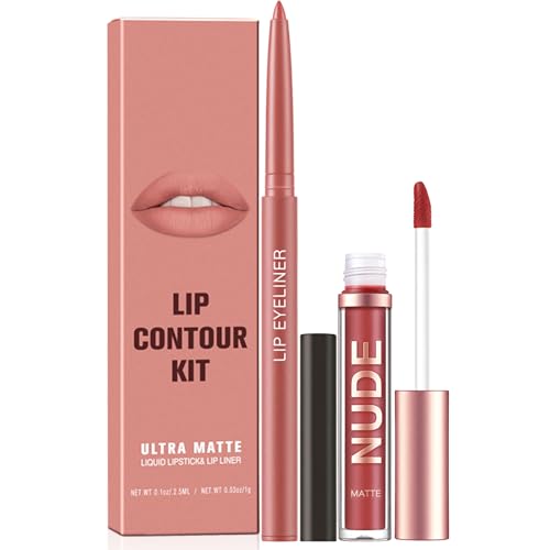 Nude Lip Liner and Lipstick Set, Long Lasting Matte Lip Stain Lip Gloss, Pink Natural Waterproof Velvety Lip Crayon Lip Pencil Lip Liners Set Makeup Gift for Women