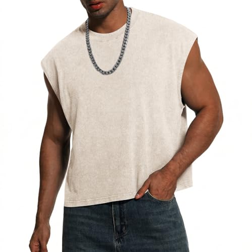 Hiehiety Mens Acid Wash Cropped Tank Tops Dolman Sleeve T Shirt Oversized Vintage Muscle Sleeveless Boxy Tees Crop Top (Apricot,M)