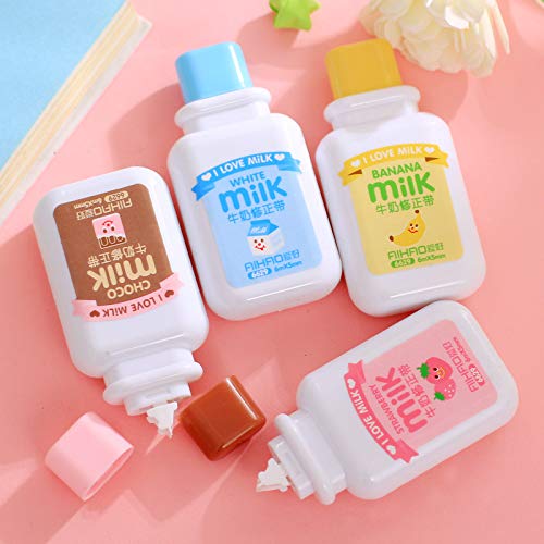 Brccee AC Korrekturband für Milchflaschen, Kawaii-Cartoon-Schreibwaren, niedlich, Studenten, Schule, Bürobedarf (Braun, Blau, Gelb, Rosa, zufällige Farbe), 4 Stück
