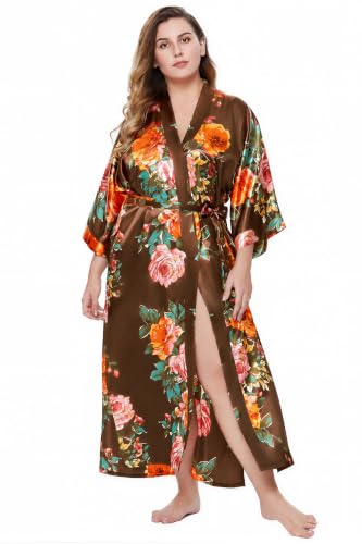 Image of BABEYOND Women's Kimono Robe Long Satin Silky Floral Lightweight Bridesmaid Wedding Bachelorette Party Robe