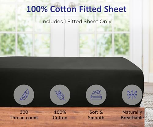 Image of ROYALE LINENS 300 Thread Count 100% Long Staple Combed Cotton Fitted Sheet Twin - Super Soft Deep Pocket Bottom Sheet - Fitted Sheets Only - Elastic Sheets (Twin, Black)