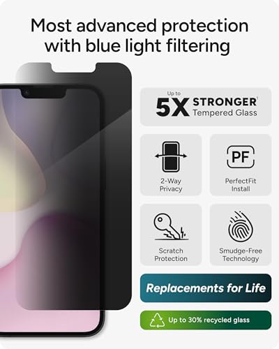 Image of ZAGG Glass Elite Privacy Screen Protector for iPhone 17e / 16e / 14 /13 / 13 Pro - 2-Way Privacy Filter, 5X Stronger, Fingerprint-Resistant, InvisibleShield, Easy Two-Step Installation