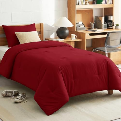 CozyLux Twin Comforter Set College Dorm Essentials 2 Pieces Dark Red Twin Extra Long Solid Bedding Sets Twin XL Soft Bed Set with Down Alternative Comforter and 1 Pillowcase Back to School