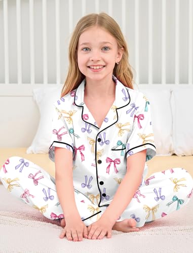 Mikrdoo Silk Pajamas for Girls 2-Piece: Short Sleeve Tops and Pants Satin PJs Fashion Sleepwear for Kids 3-14 Years4