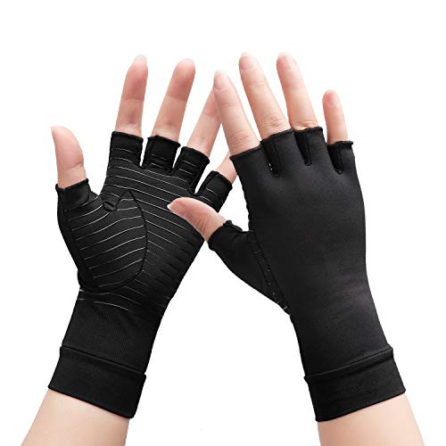 Arthritis Copper Compression Gloves Relieve Pain from Rheumatoid and Carpal Tunnel Gloves for Typing Wrist Supports Hand Left and Right,Copper Fit Gloves for Women Men Black Half Finger (1 Pair)Medium