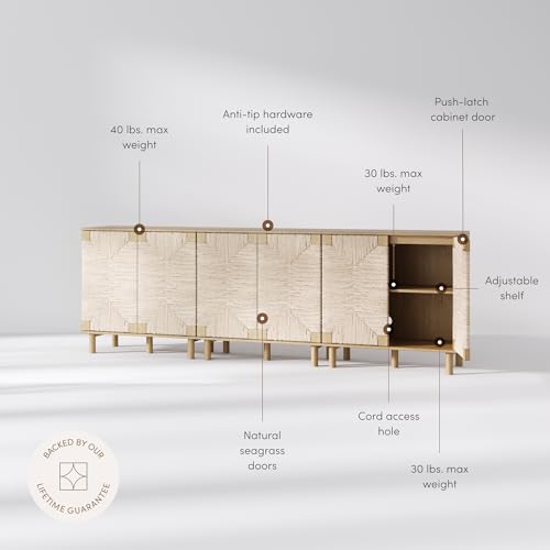 Image of Nathan James Beacon Accent Natural Sideboard Storage Cabinet TV Stand in Light Wood with Adjustable Interior Shelf and Seagrass Doors, for Hallway, Entryway or Dining Room, Light Brown, Set of 3