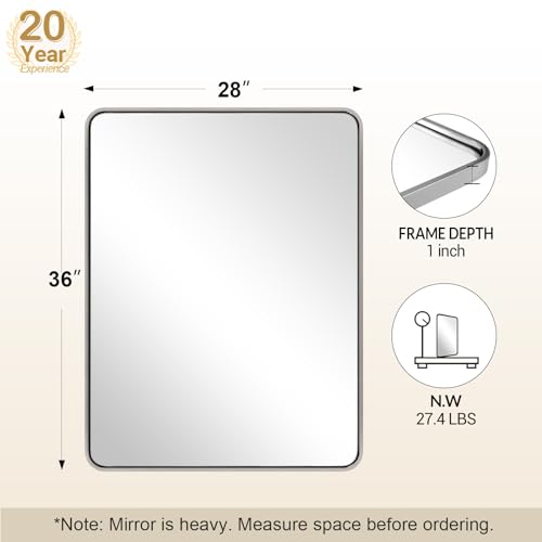 Image of ANDY STAR 28x36 INCH Chrome Bathroom Mirrors, Polished Chrome Bathroom Mirror, Rounded Rectangle Mirror, Anti-Rust SUS304, Tube Metal Frame, 1'' Deep Wall Mounted Vertically /Horizontal for Bathroom