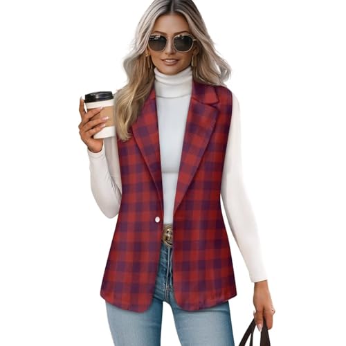 Women's Plaid Vest Sleeveless Suit Jacket Business Work Blazer Classic Vintage Twill & Plaid Print - Main Image