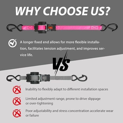Image of Retractable Ratchet Straps 1 inch x 13Ft, Heavy Duty Self Retracting Tie Down Straps, 1800lb Break Strength Auto Retract Cargo Straps for Truck, Trailer, Motorcycle, ATV, UTV, (Pink, 2 Pack)
