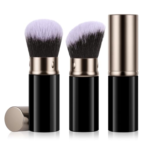 AOOTE Brocha Retráctil para Colorete con Cubierta,2 Pcs Brocha Base Maquillaje Fluido Kabuki,Brocha para Colorete Portátil para Contornear,Iluminar,Ocultar y Resaltar