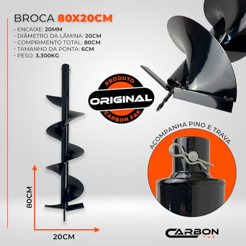 Perfurador de Solo a Gasolina 52cc 2,5HP com Brocas 80x10cm + 80x20cm + Extensão 60cm Carbon Fak