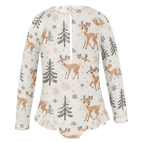 ALAZA Deer Pine Tree Winter Snowflake Girls One Piece Swimsuit Long Sleeve Rash Guard Swimsuits UV 50+ Swimwear Zipper2