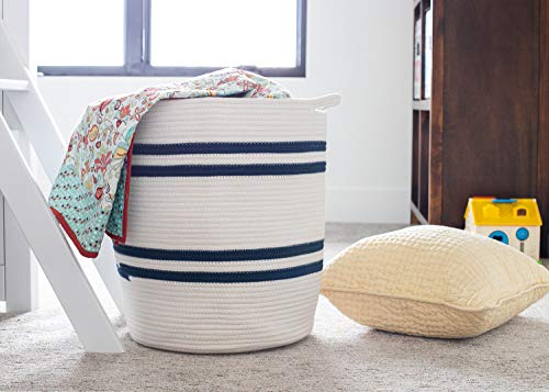 Chloe And Cotton Large Living Room Blanket Basket | Tall Woven Jute Rope Basket For Storage | 19 X 16 X 16 Inches | Laundry Hamper For Nursery & Bedroom | Cream & Navy #TOP2