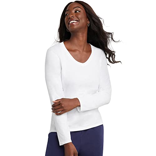 Hanes Womens Originals Long Sleeve Cotton V-Neck T-Shirt, Lightweight V-Neck Tee, Modern Fit