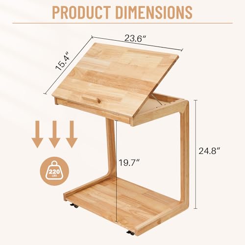 Image of Uniclinens Couch Tables that Slide Under - Rolling Side Table C Shape, Wooden Slim Sofa Desk with Wheels, Small TV Tray for Laptop Multi-Purpose Living Room Bedroom, Natural