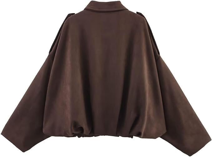 Women's Faux Suede Bomber Jacket Lapel Pilot Coat Casual Oversized Long Sleeves Trendy Streetwear Outerwear4