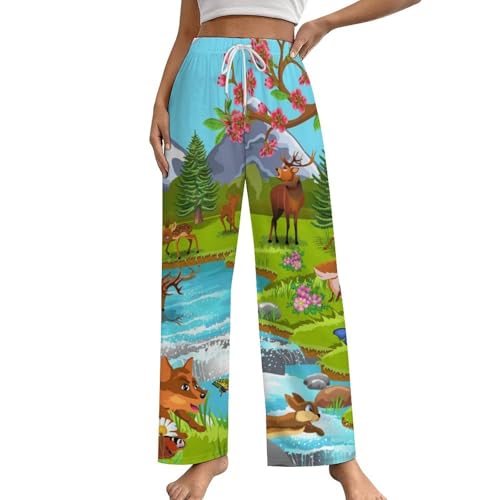 Pantalon de pyjama femme bas de pyjama vêtement pantalon de nuit animaux de la forêt poches S
