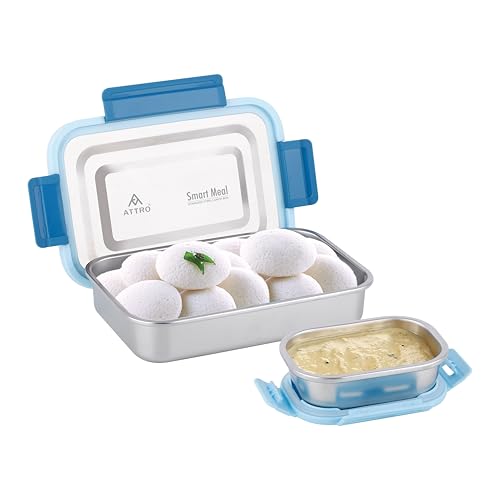 Image of ATTRO Smart Meal Big Stainless Steel Lunch Box with 1 Small Container Airtight Spill-Proof BPA Free Food Grade Ideal for Office, School, Picnic, 950ml+170ml- Blue