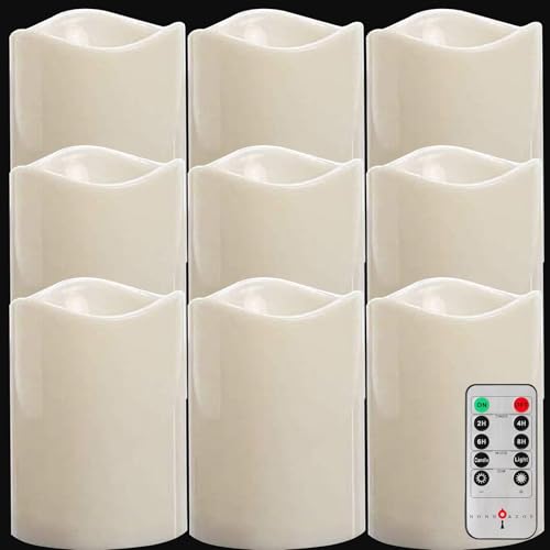 Image of NONNO&ZGF Set of 9 Outdoor IP44 Warm White LED Rainproof Waterproof Flameless Battery LED Pillar Candles with Remote and Timer, Plastic, Won't Melt, Weather Resistant Design 3 x 4, Timer 24hours